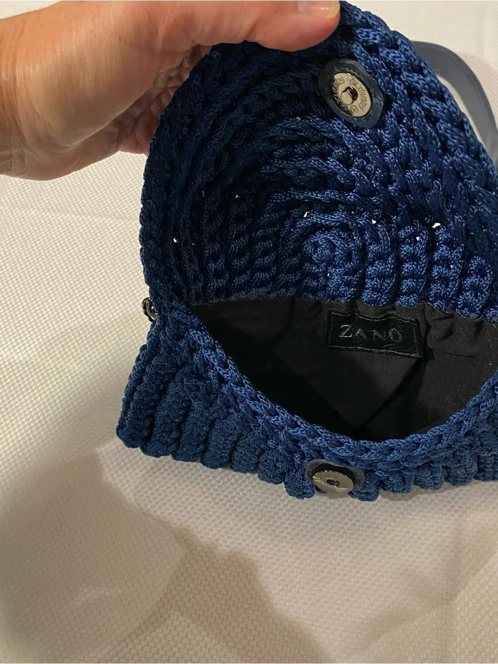 Cottage core Handcrafted Navy Crochet Crossbody Bag with Chain Strap